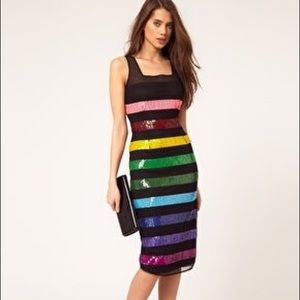 ASOS rainbow on black midi Stunning sequin dress
